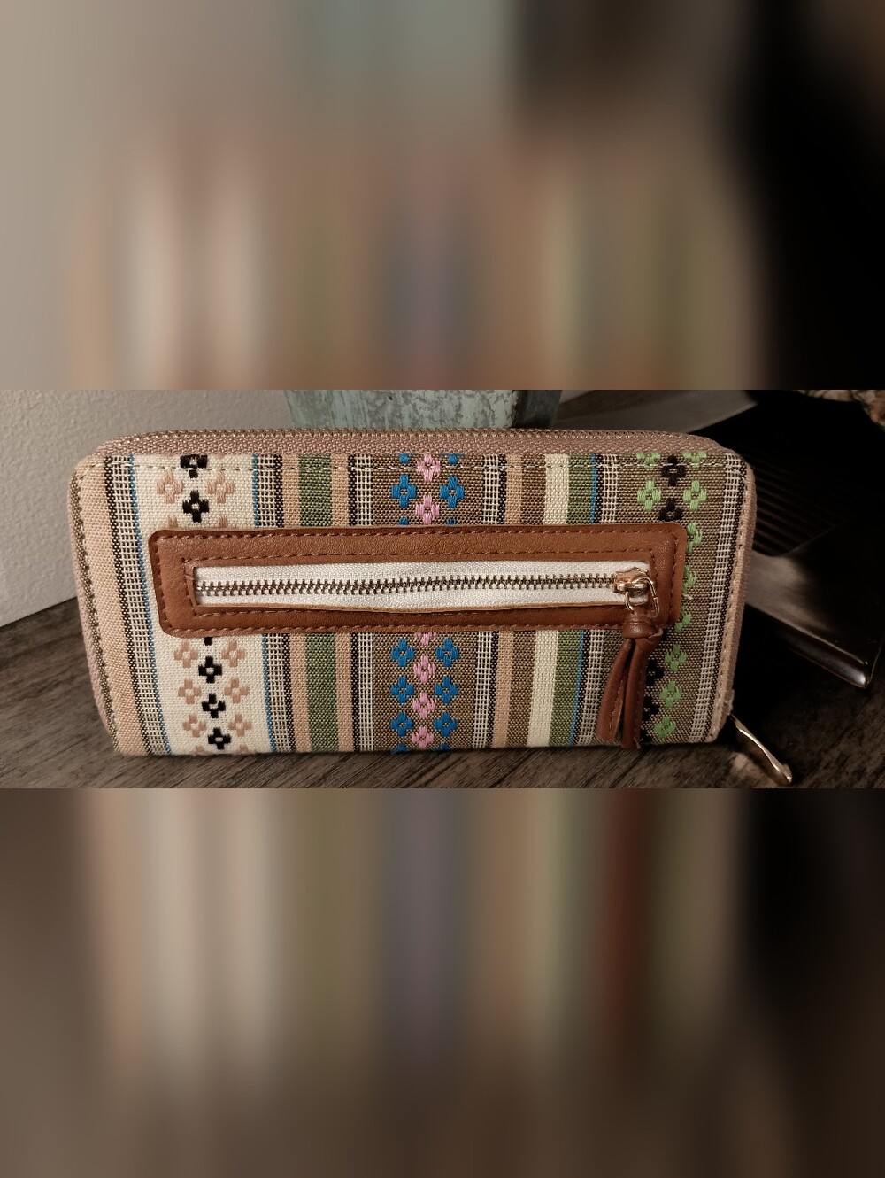 Wallet Striped Canvas with Pink & Blue Embroidery